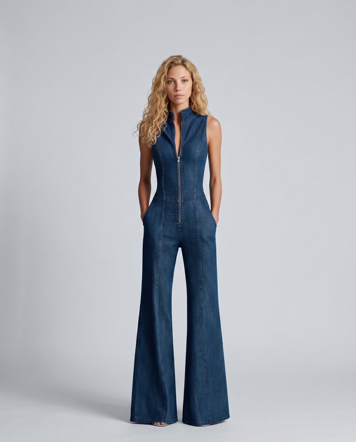 Women's Denim Jumpsuit – Sleeveless Zip Front Flared Leg