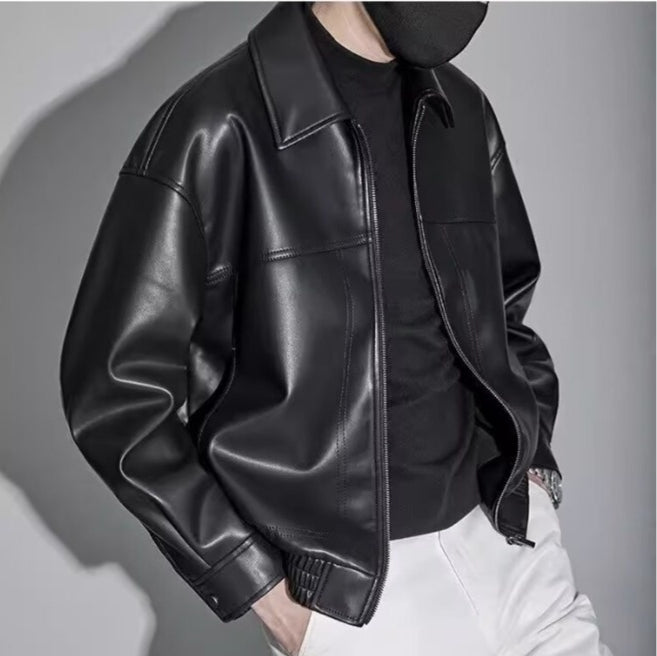 Leather Jacket Men Slim Fit Zip Closure Straight Collar