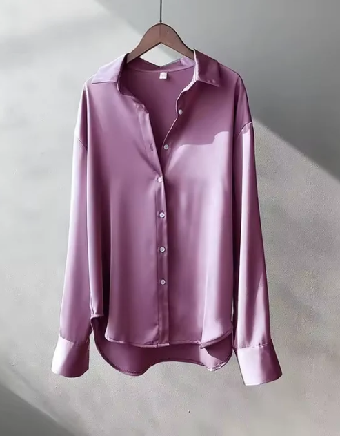 Women’s Satin Long Sleeve Collared Blouse