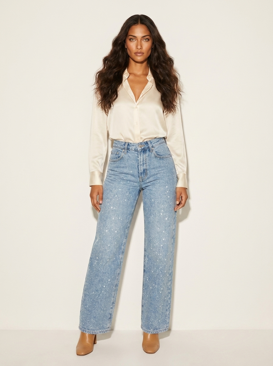 Women's High-Waisted Straight-Leg Jeans - Sparkle Detail