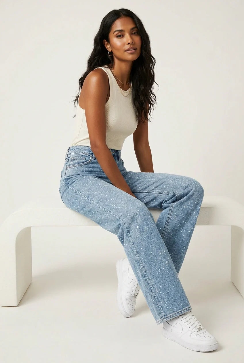 Women's High-Waisted Straight-Leg Jeans - Sparkle Detail