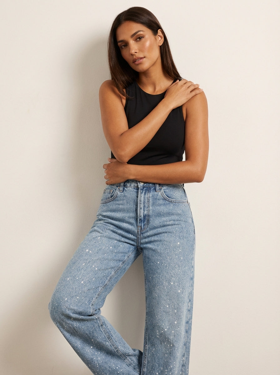 Women's High-Waisted Straight-Leg Jeans - Sparkle Detail