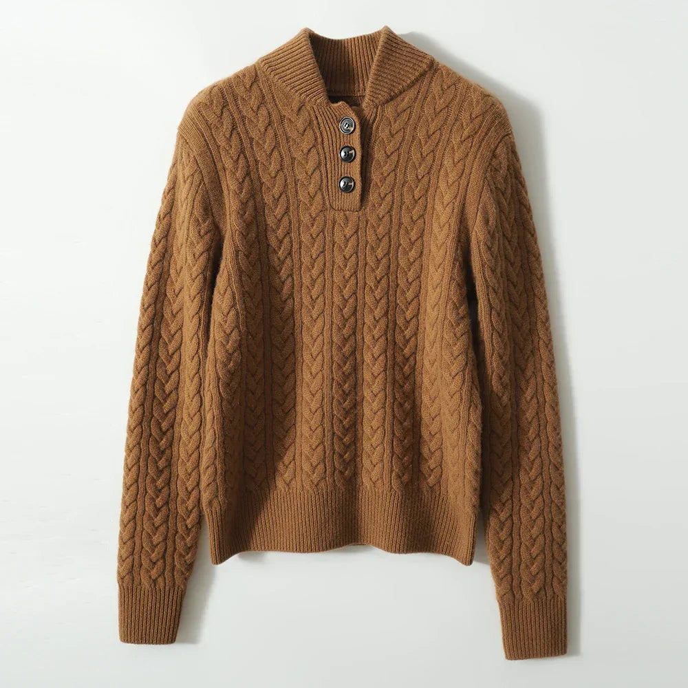 Women's Cable Knit Jumper – Button Neck Regular Fit