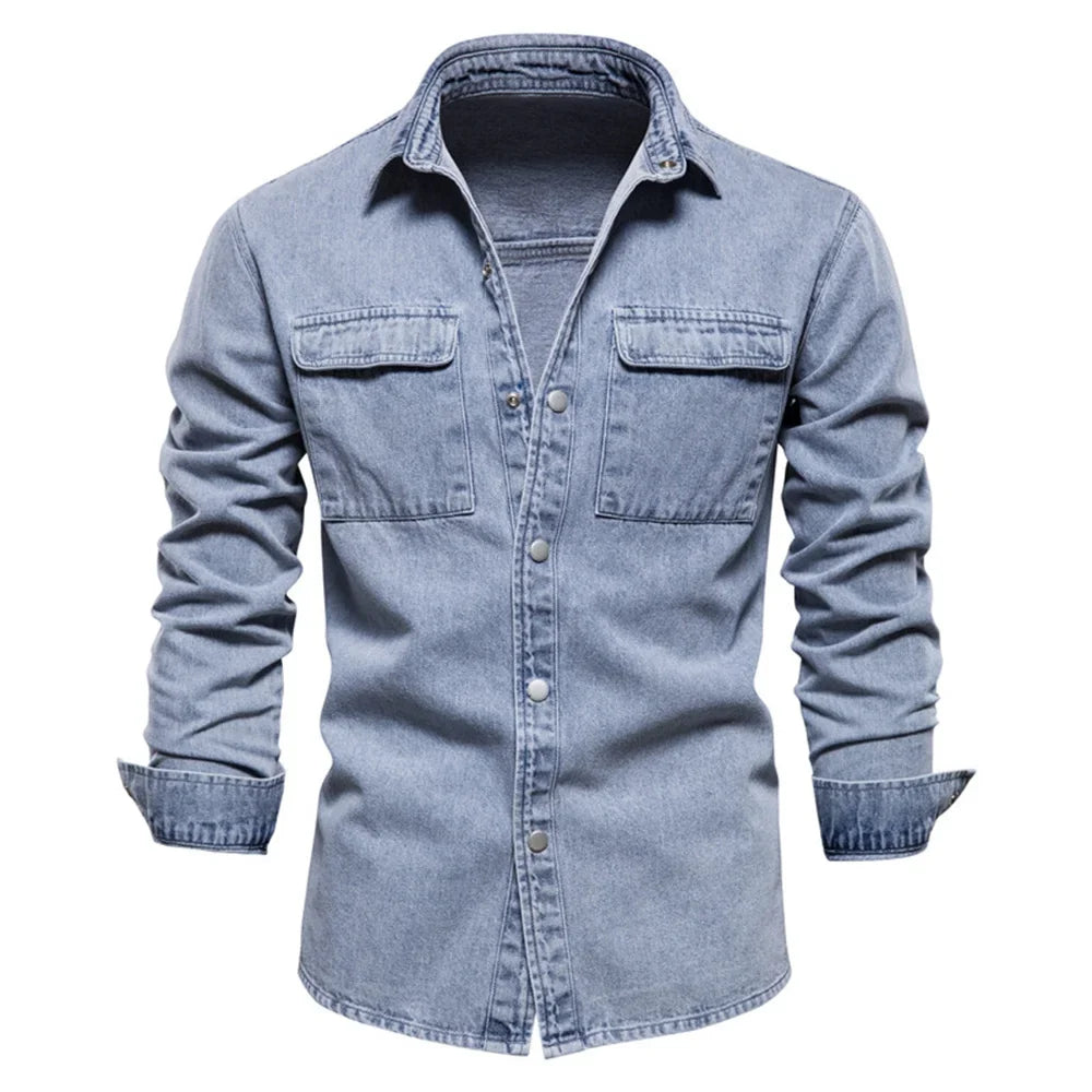 Men's Washed Denim Shirt - Long-Sleeve Button-Down Style