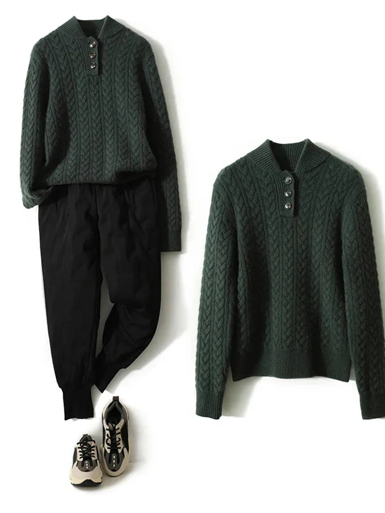 Women's Cable Knit Jumper – Button Neck Regular Fit