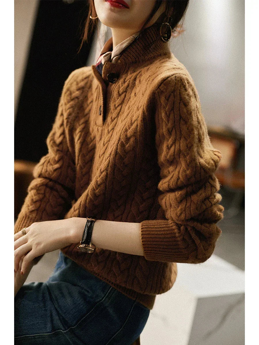 Women's Cable Knit Jumper – Button Neck Regular Fit