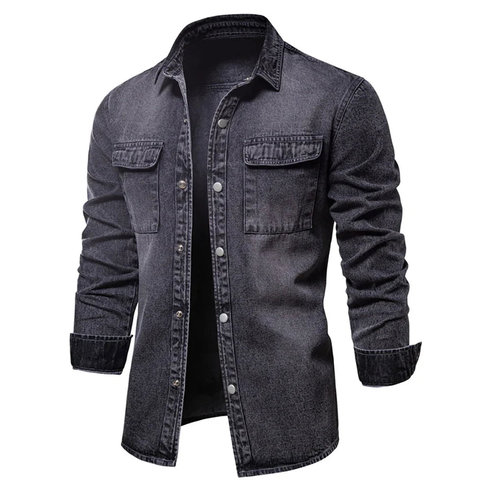 Men's Washed Denim Shirt - Long-Sleeve Button-Down Style