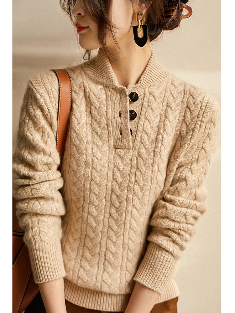 Women's Cable Knit Jumper – Button Neck Regular Fit