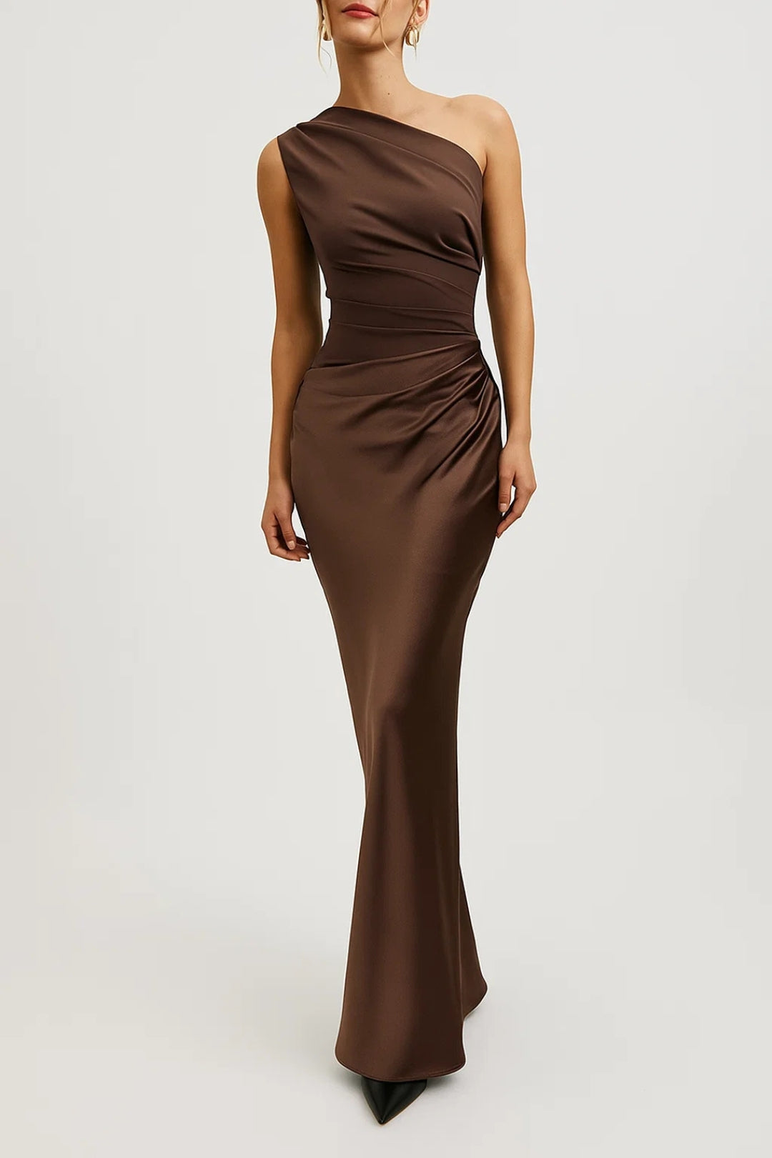 Maxi Dress for Women - One Shoulder and Fitted Cut | Pleated Waist