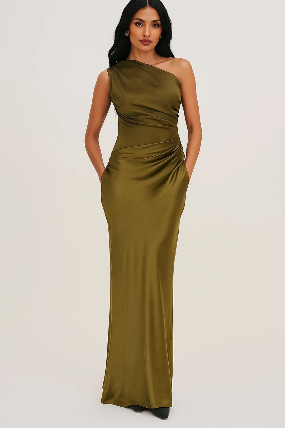 Maxi Dress for Women - One Shoulder and Fitted Cut | Pleated Waist