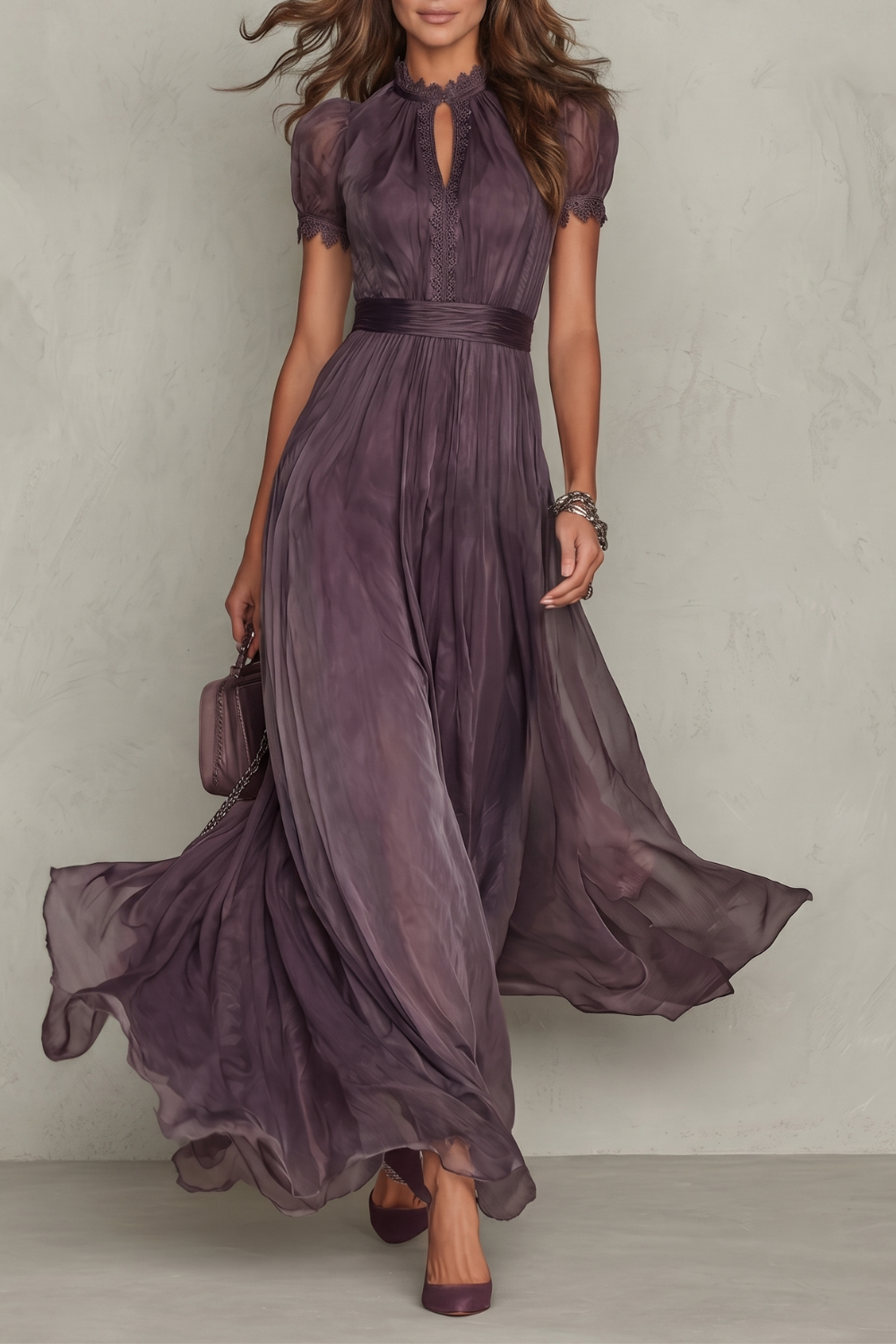 Women's Lace Keyhole Maxi Dress – Elegant Pleated Occasion Style
