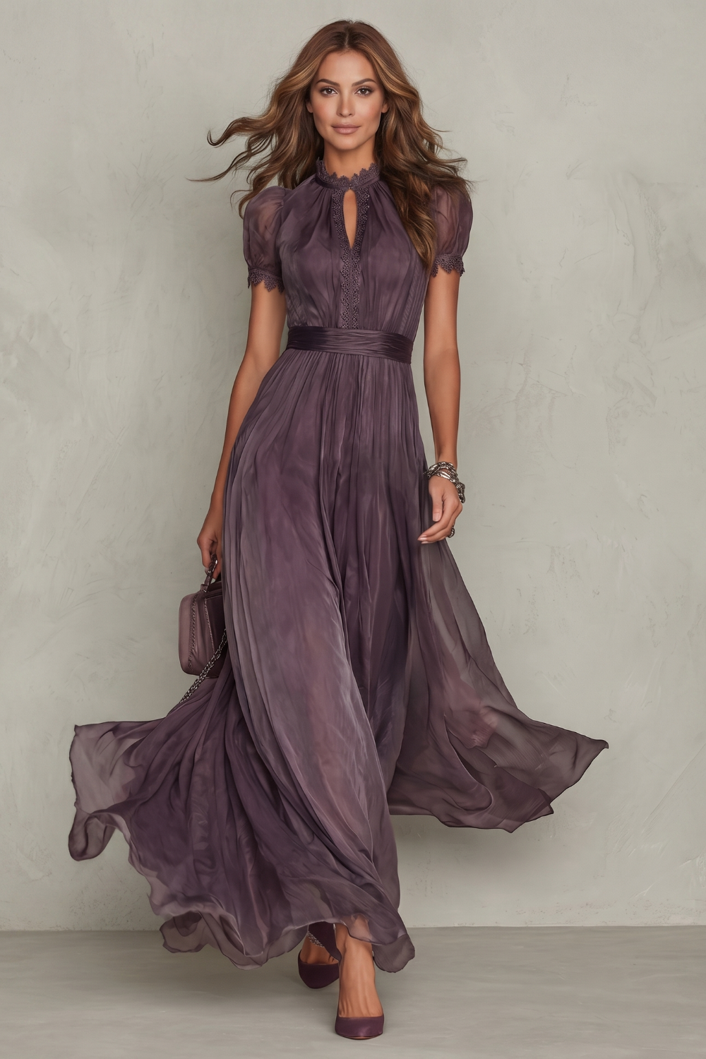 Women's Lace Keyhole Maxi Dress – Elegant Pleated Occasion Style