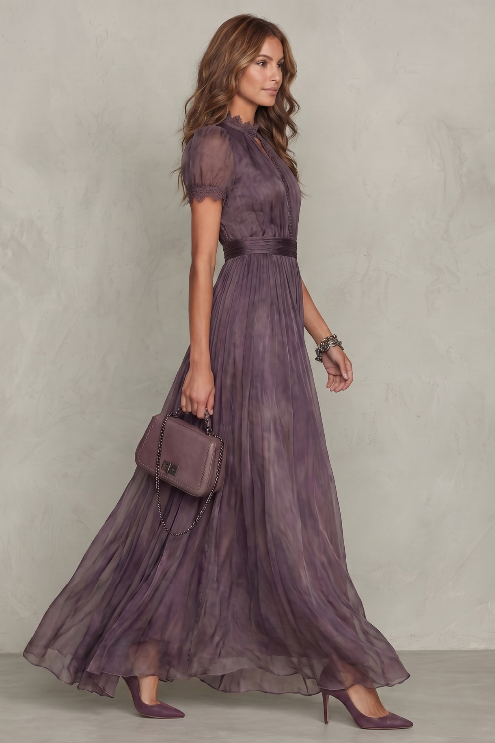Women's Lace Keyhole Maxi Dress – Elegant Pleated Occasion Style