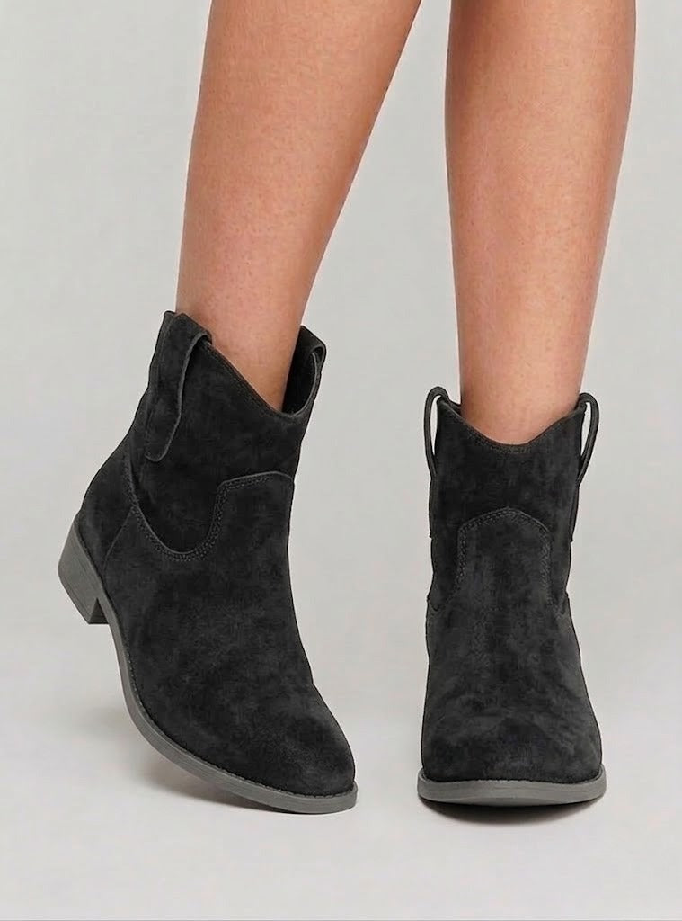 Women's Suede-Look Western Ankle Boots – Pointed Toe Low Heel