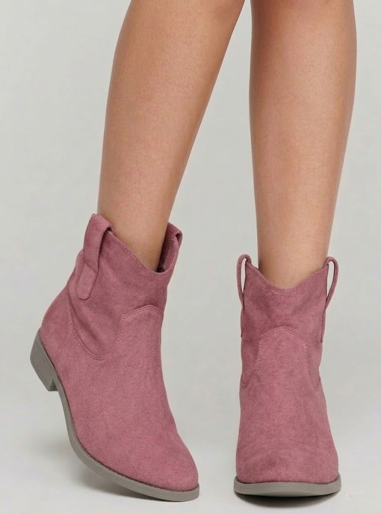 Women's Suede-Look Western Ankle Boots – Pointed Toe Low Heel