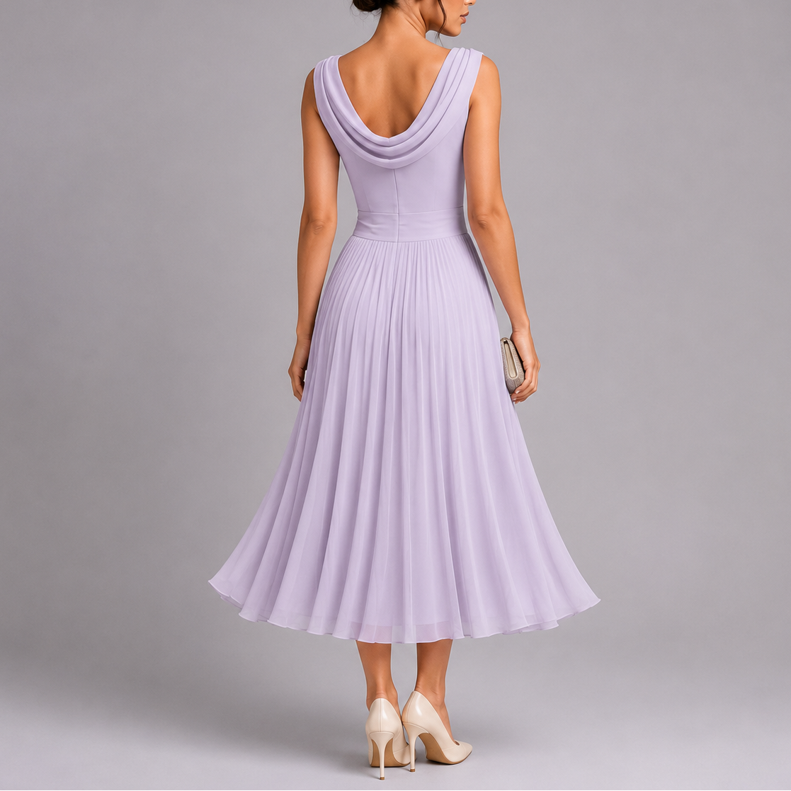 Women's Elegant Pleated Midi Dress with Draped Neckline
