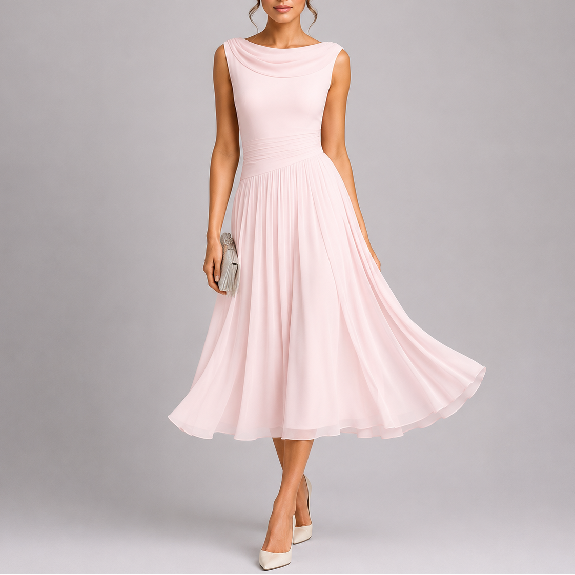 Women's Elegant Pleated Midi Dress with Draped Neckline