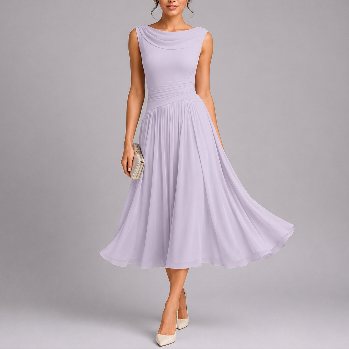Women's Elegant Pleated Midi Dress with Draped Neckline