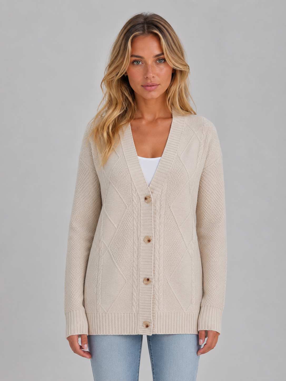 Women's Cable Knit Button Cardigan – Soft V-Neck Knitted Style