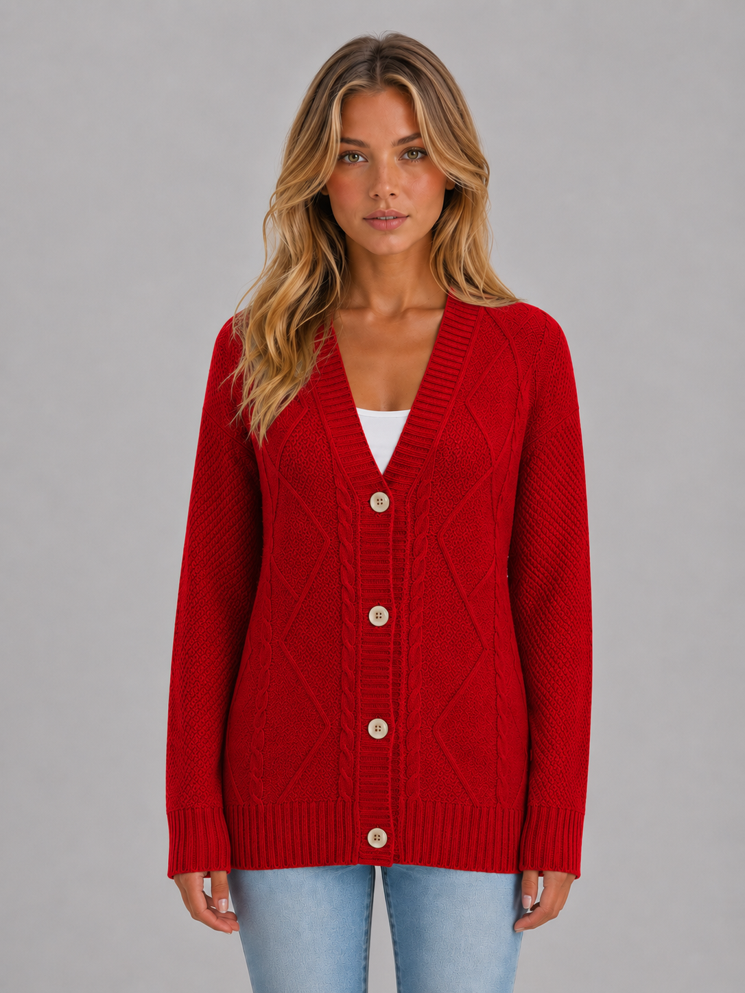 Women's Cable Knit Button Cardigan – Soft V-Neck Knitted Style