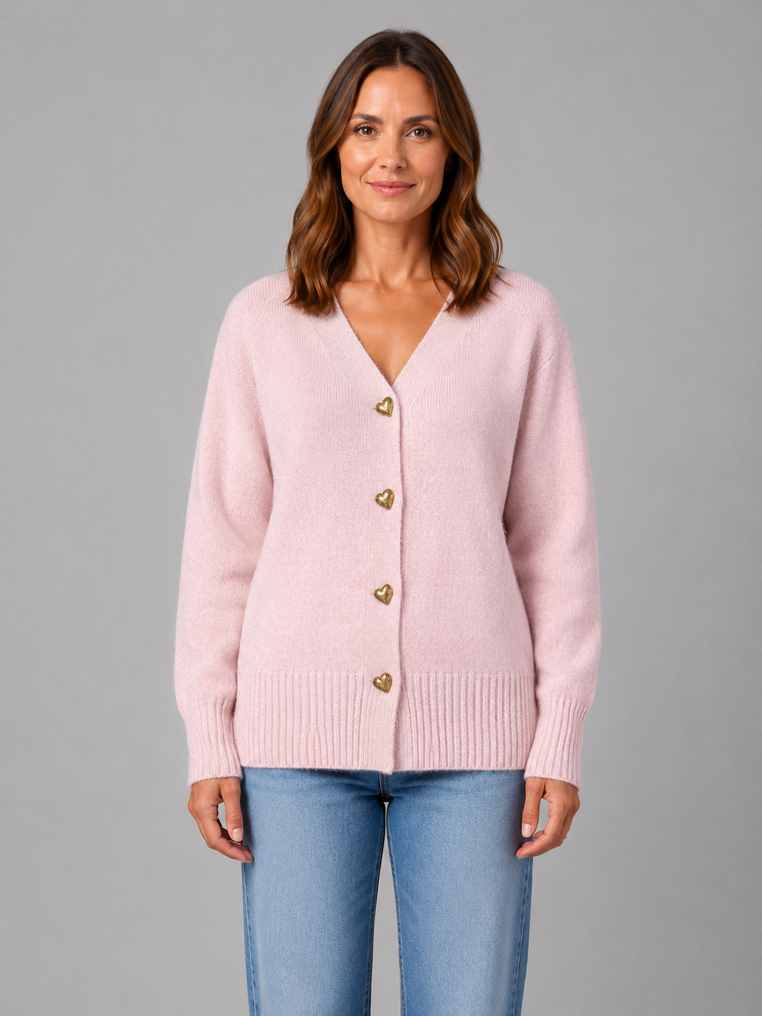 Women's Heart Button Cardigan – Soft Knit V-Neck Button-Up Style