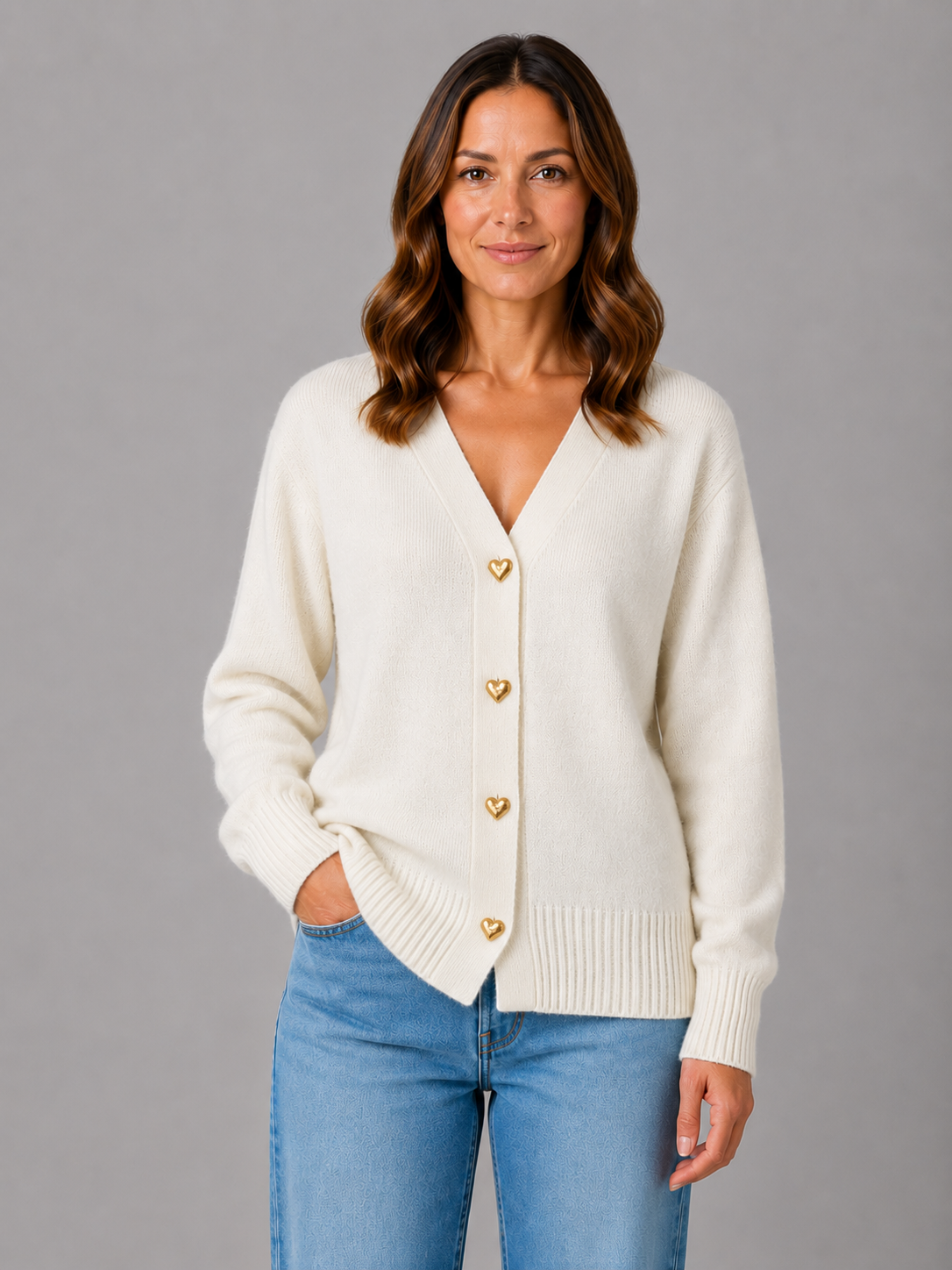 Women's Heart Button Cardigan – Soft Knit V-Neck Button-Up Style