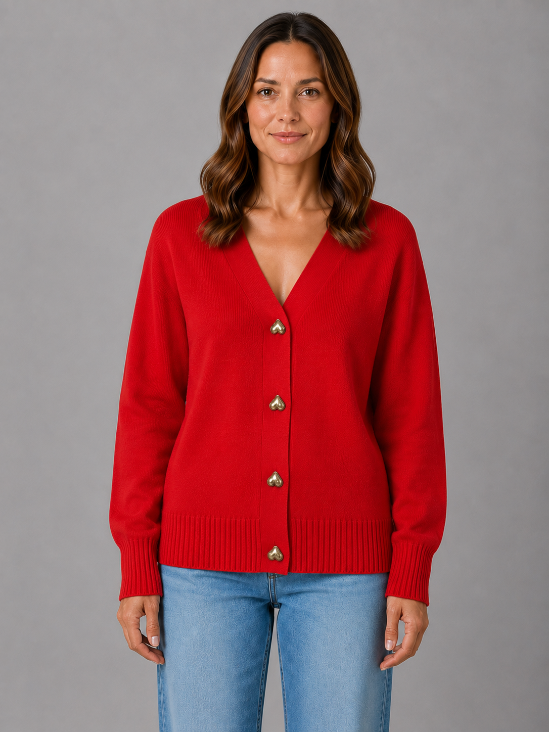 Women's Heart Button Cardigan – Soft Knit V-Neck Button-Up Style