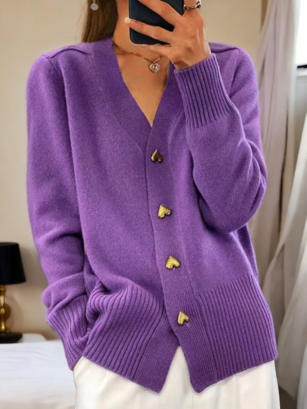 Women’s V-Neck Knitted Cardigan – Heart Button Relaxed Fit