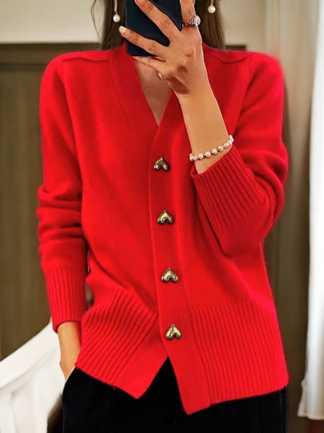Women’s V-Neck Knitted Cardigan – Heart Button Relaxed Fit