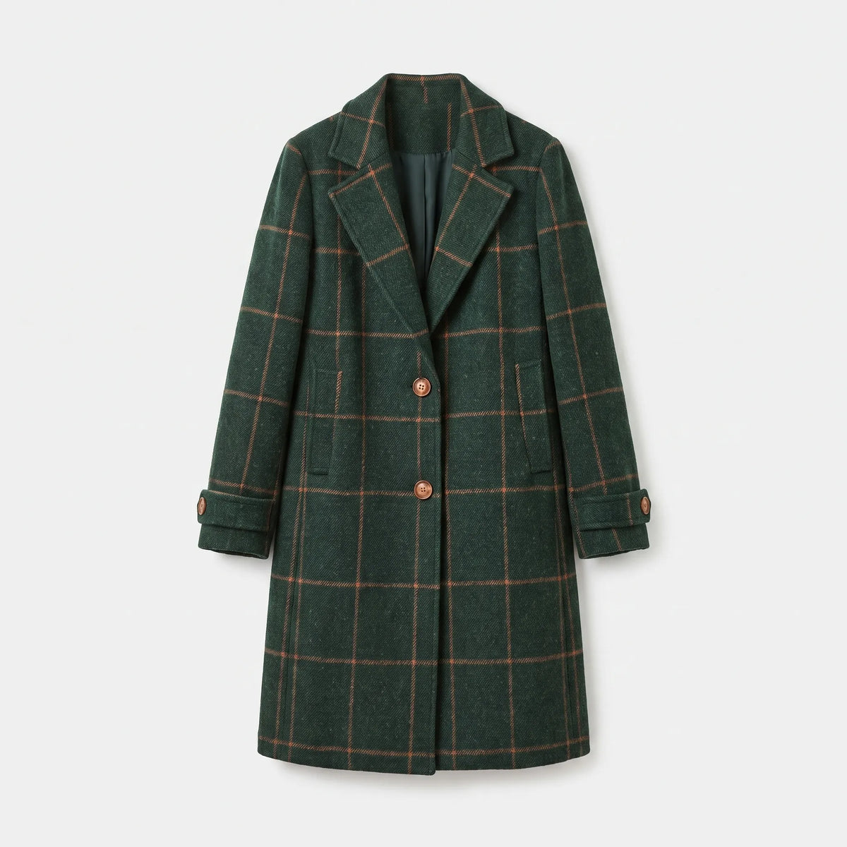 Women's Long Checked Coat – Fitted Button-Up Winter Coat