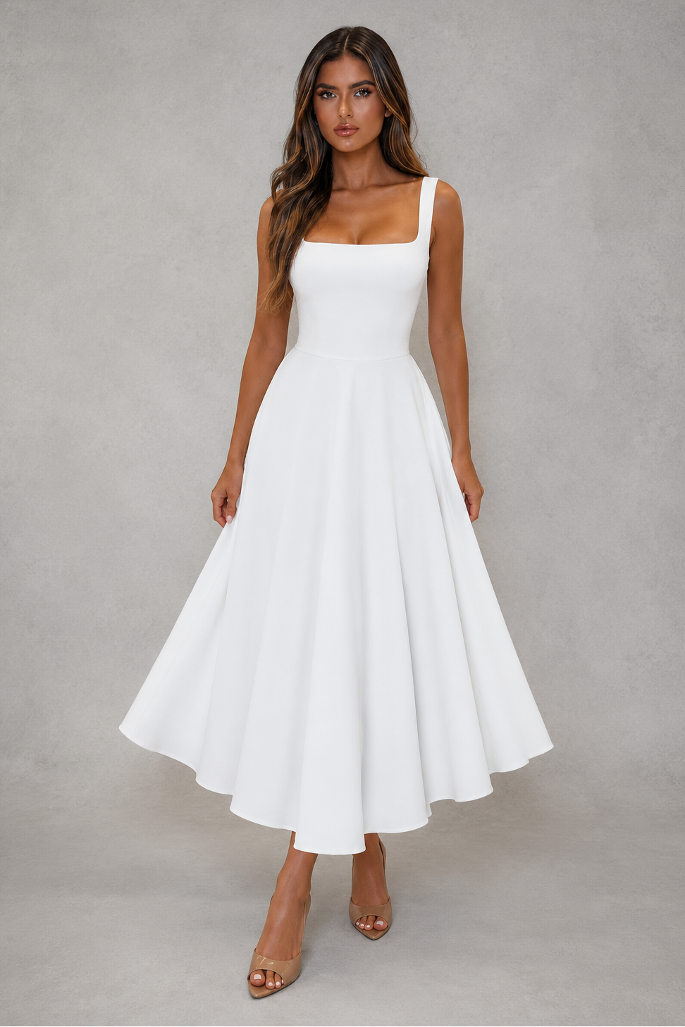 Women’s Square Neck A-Line Midi Dress for Work & Special Occasion Wear