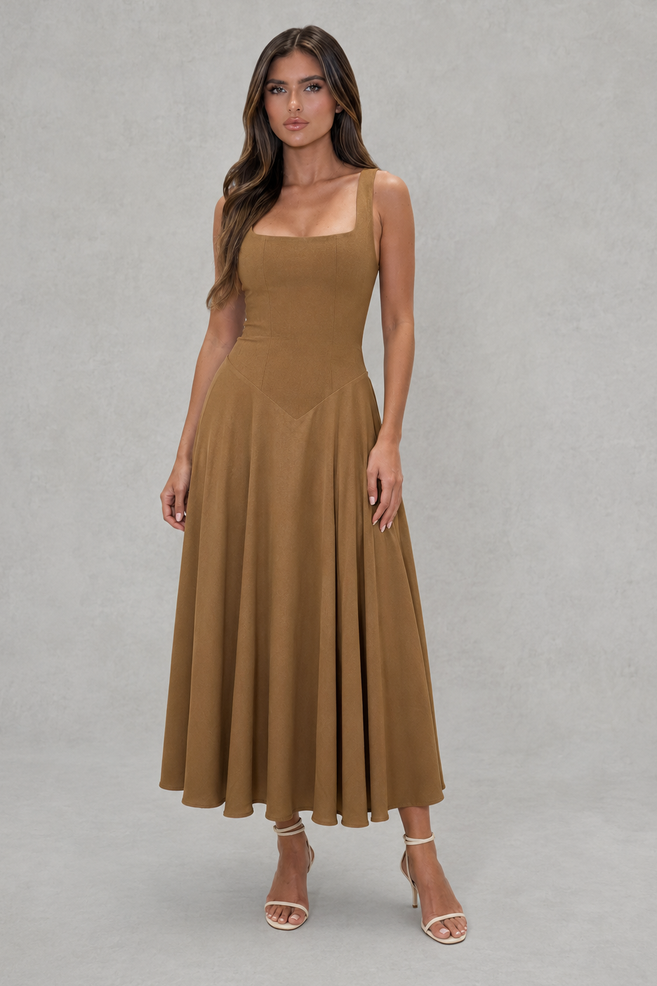 Women’s Square Neck A-Line Midi Dress for Work & Special Occasion Wear