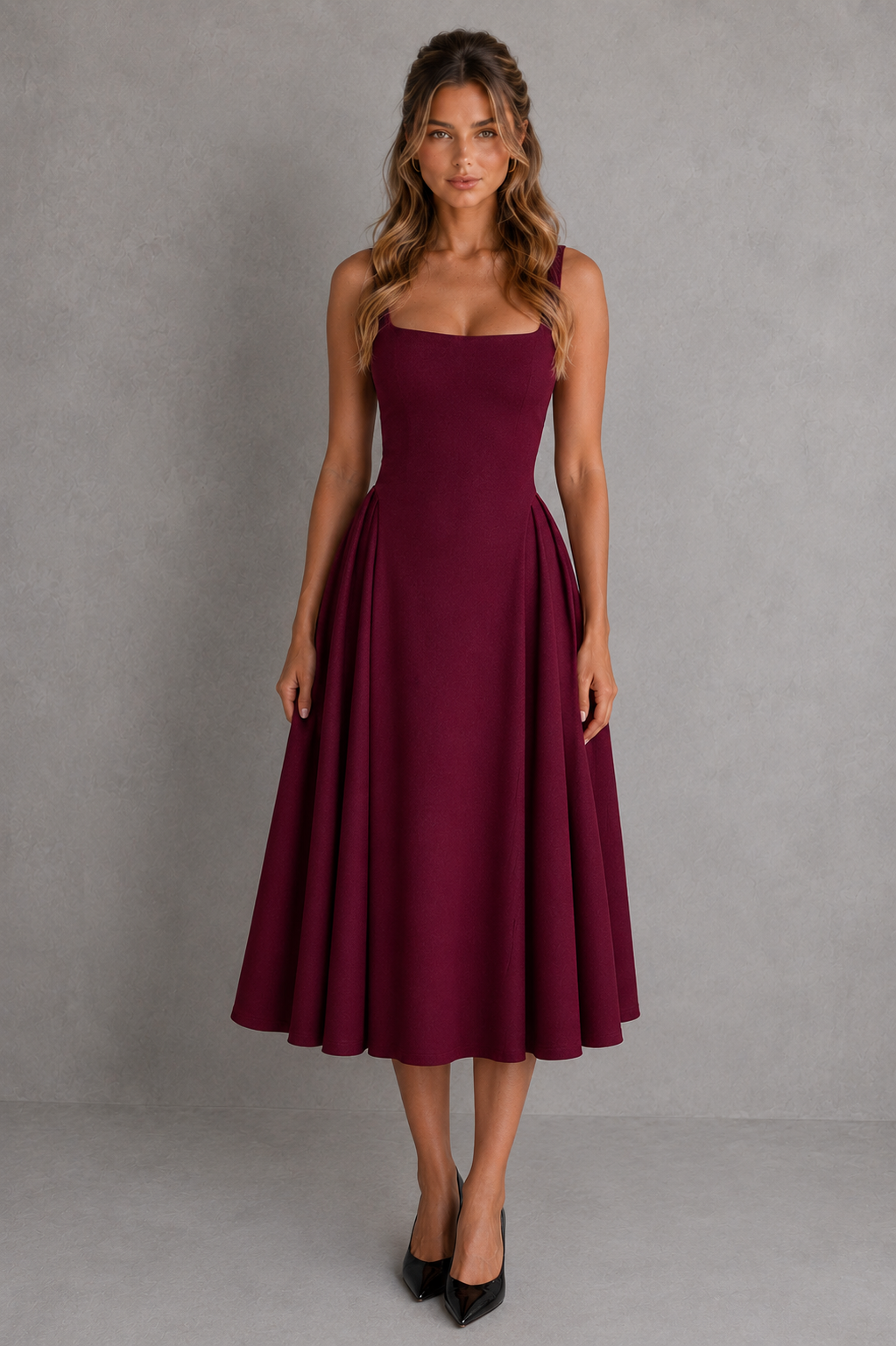 Women’s Square Neck Midi Dress with Full Godet Skirt for Evening & Formal Wear