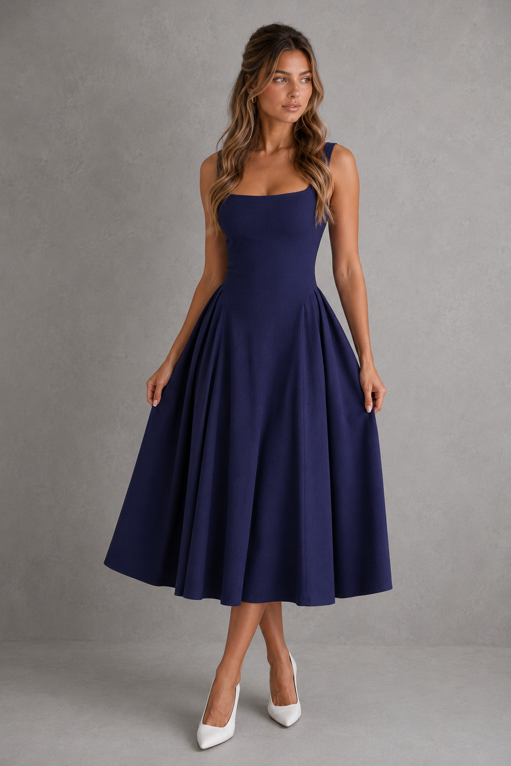 Women’s Square Neck Midi Dress with Full Godet Skirt for Evening & Formal Wear