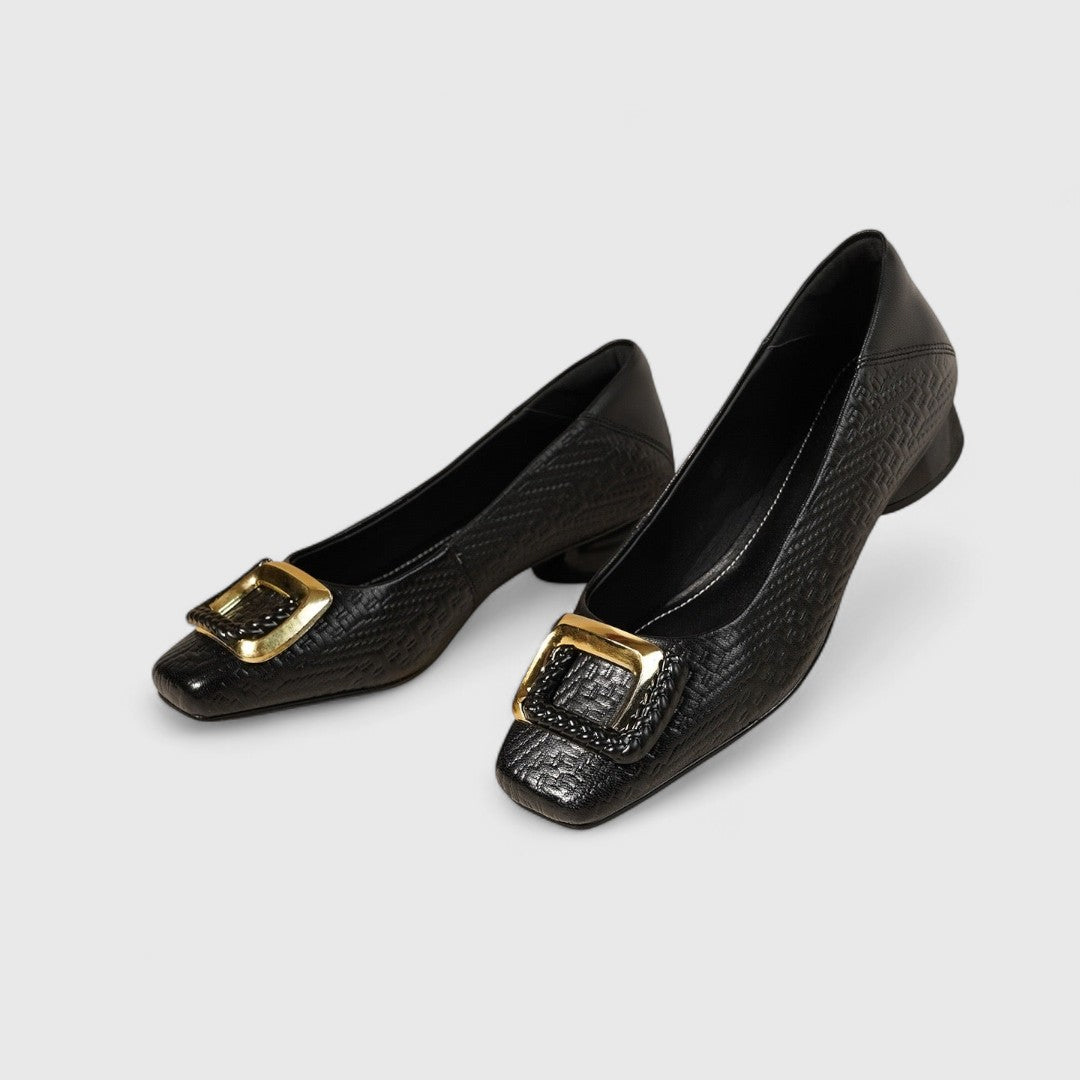Women's Square-Toe Low Heels with Gold Buckle Detail