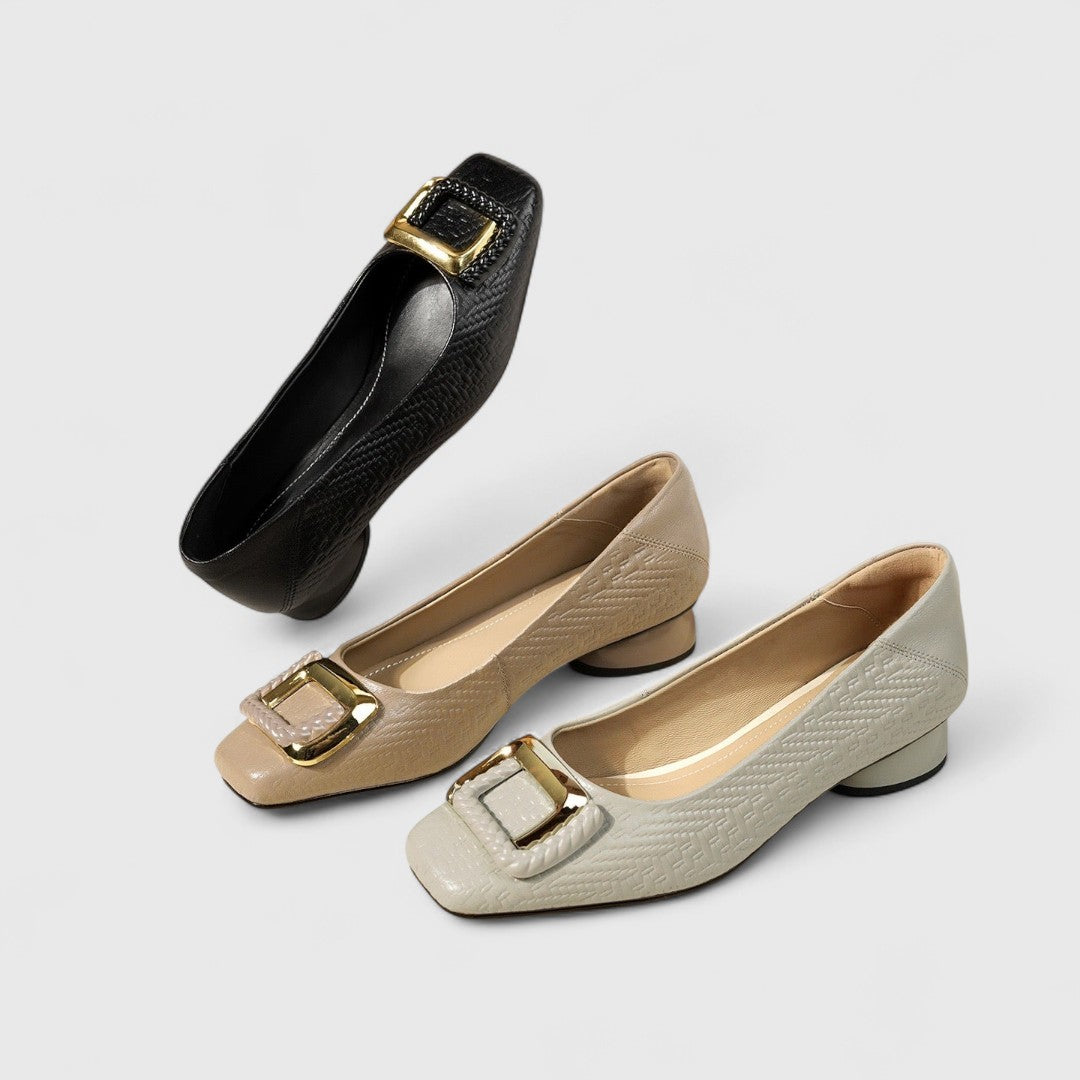 Women's Square-Toe Low Heels with Gold Buckle Detail