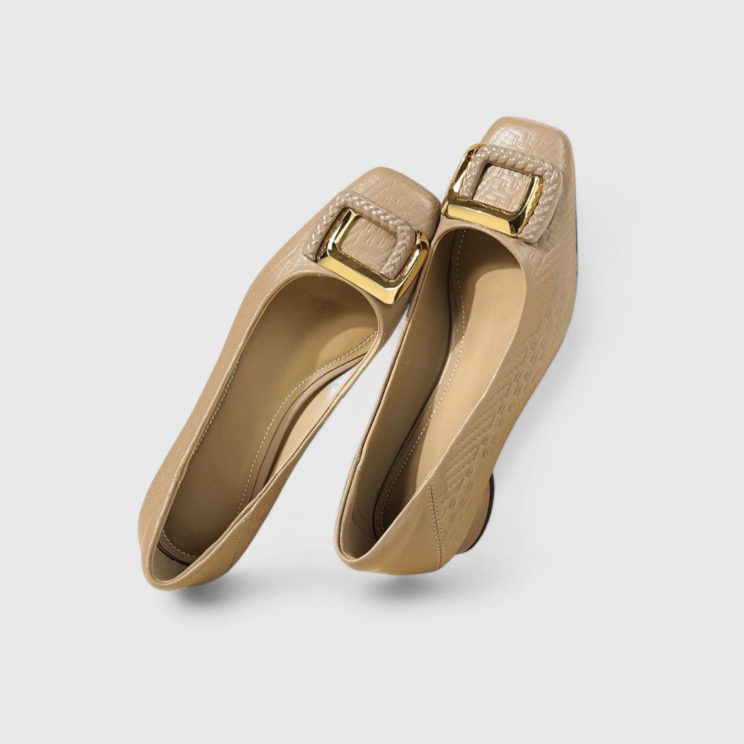 Women's Square-Toe Low Heels with Gold Buckle Detail