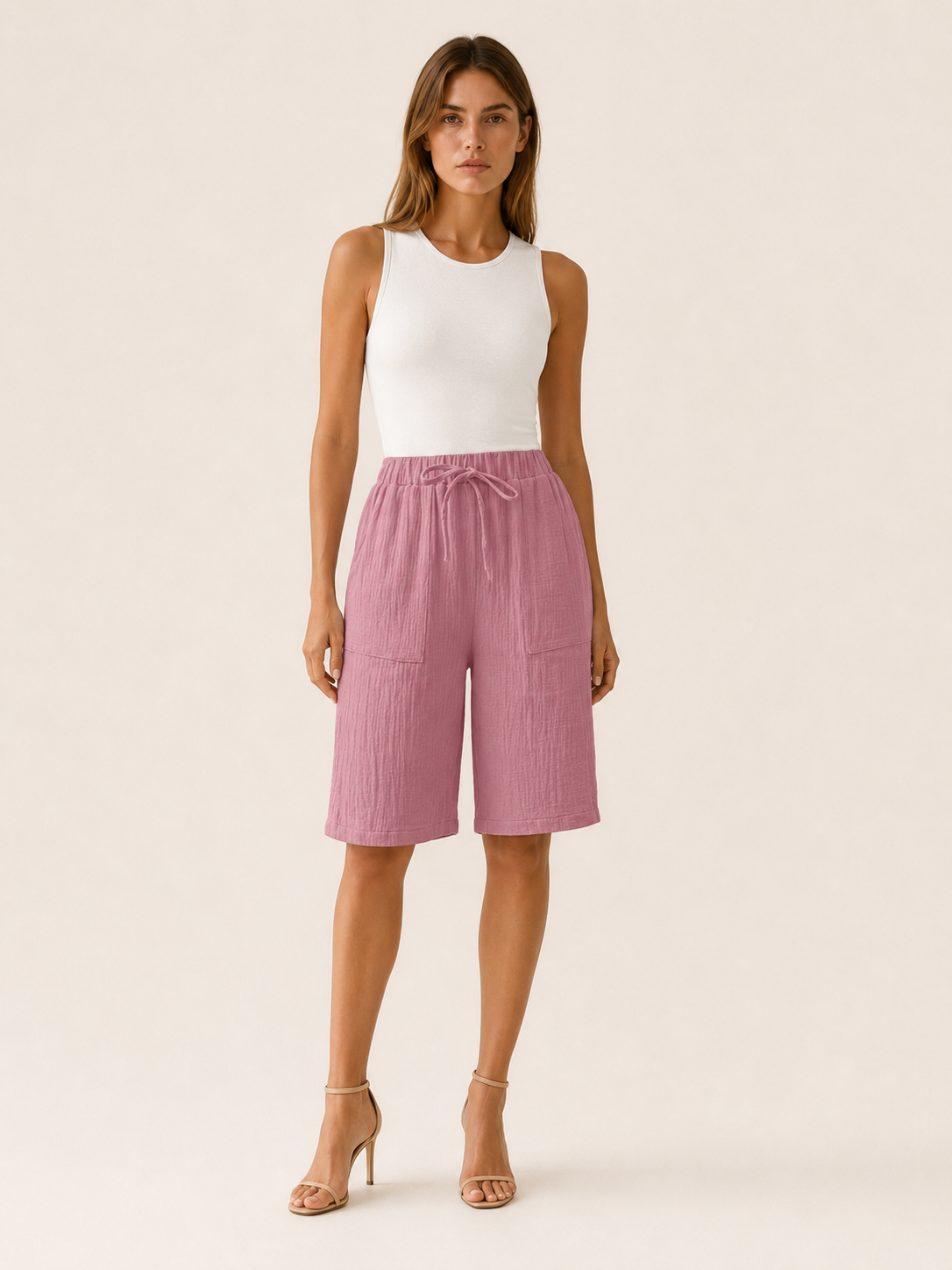 Cotton Shorts with Drawstring Waist Wide Leg Fit