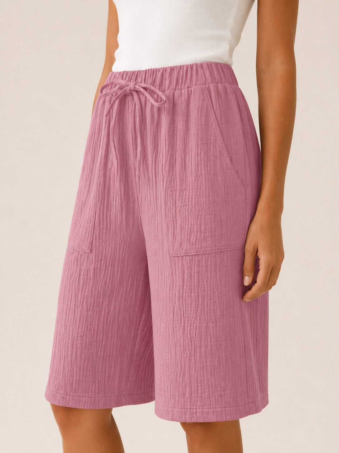 Cotton Shorts with Drawstring Waist Wide Leg Fit