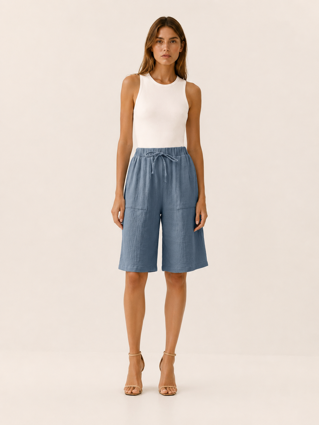 Cotton Shorts with Drawstring Waist Wide Leg Fit