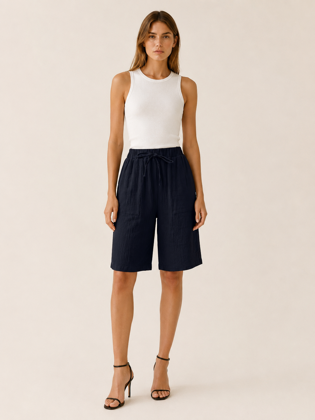 Cotton Shorts with Drawstring Waist Wide Leg Fit