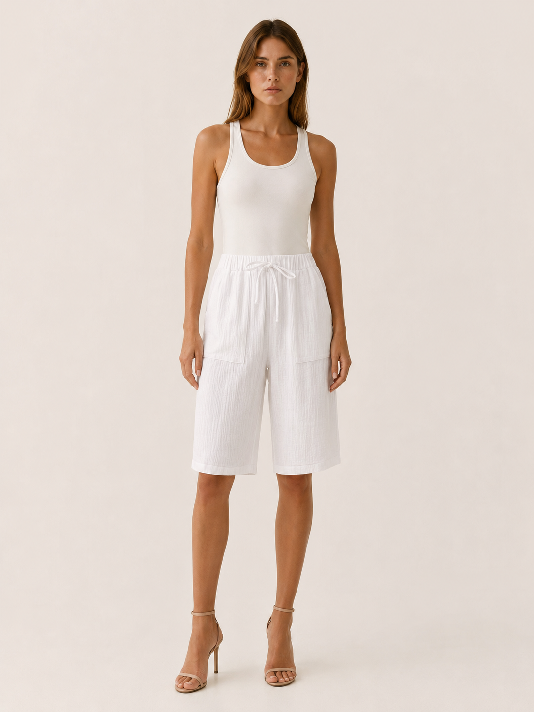 Cotton Shorts with Drawstring Waist Wide Leg Fit