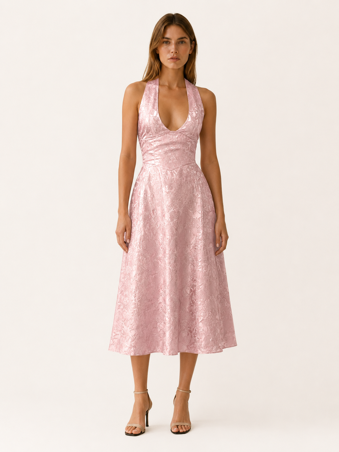 Women's Halter Neck Midi Dress – Corset Bodice & A-Line Skirt