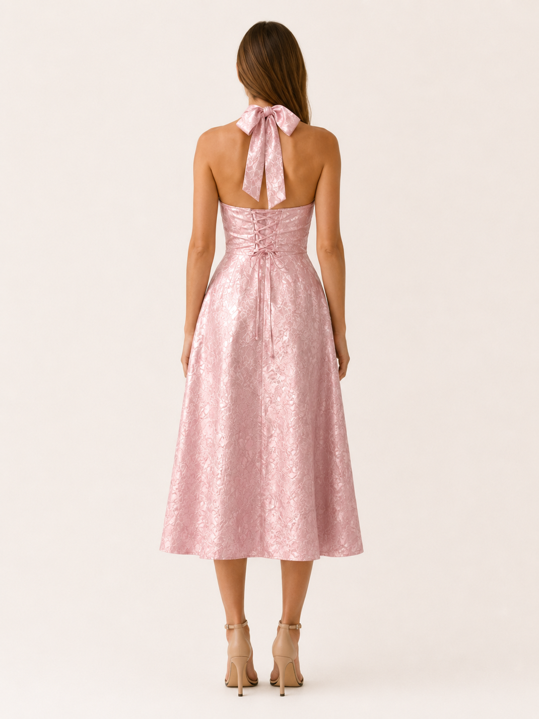Women's Halter Neck Midi Dress – Corset Bodice & A-Line Skirt