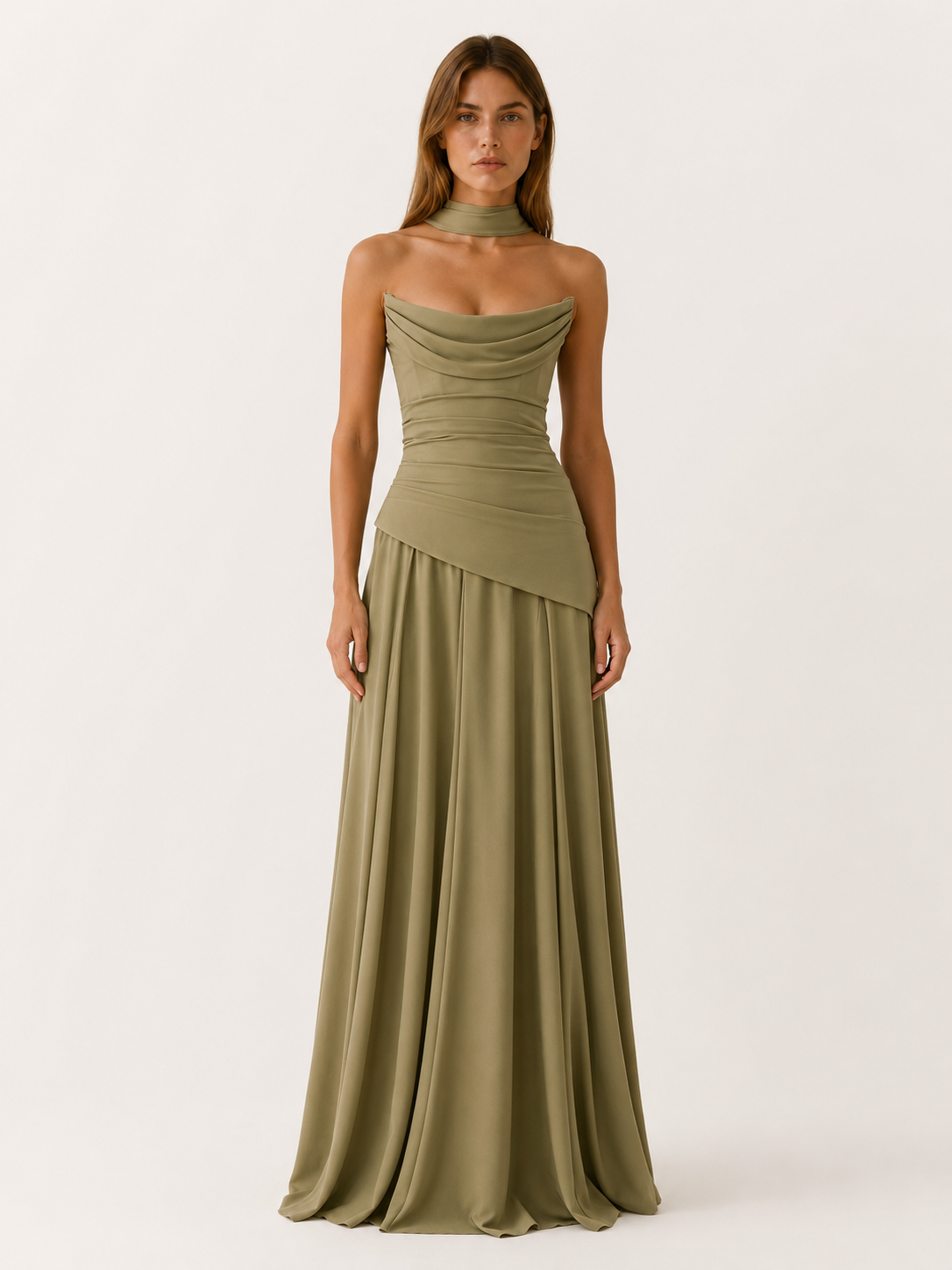 Women's Strapless Satin Maxi Dress – Lace-Up Back Formal Gown