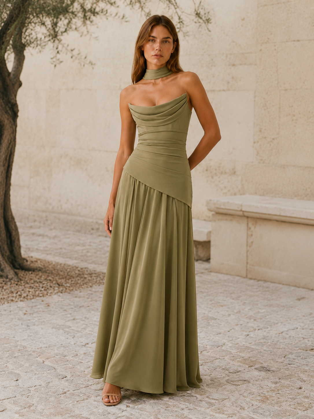 Women's Strapless Satin Maxi Dress – Lace-Up Back Formal Gown