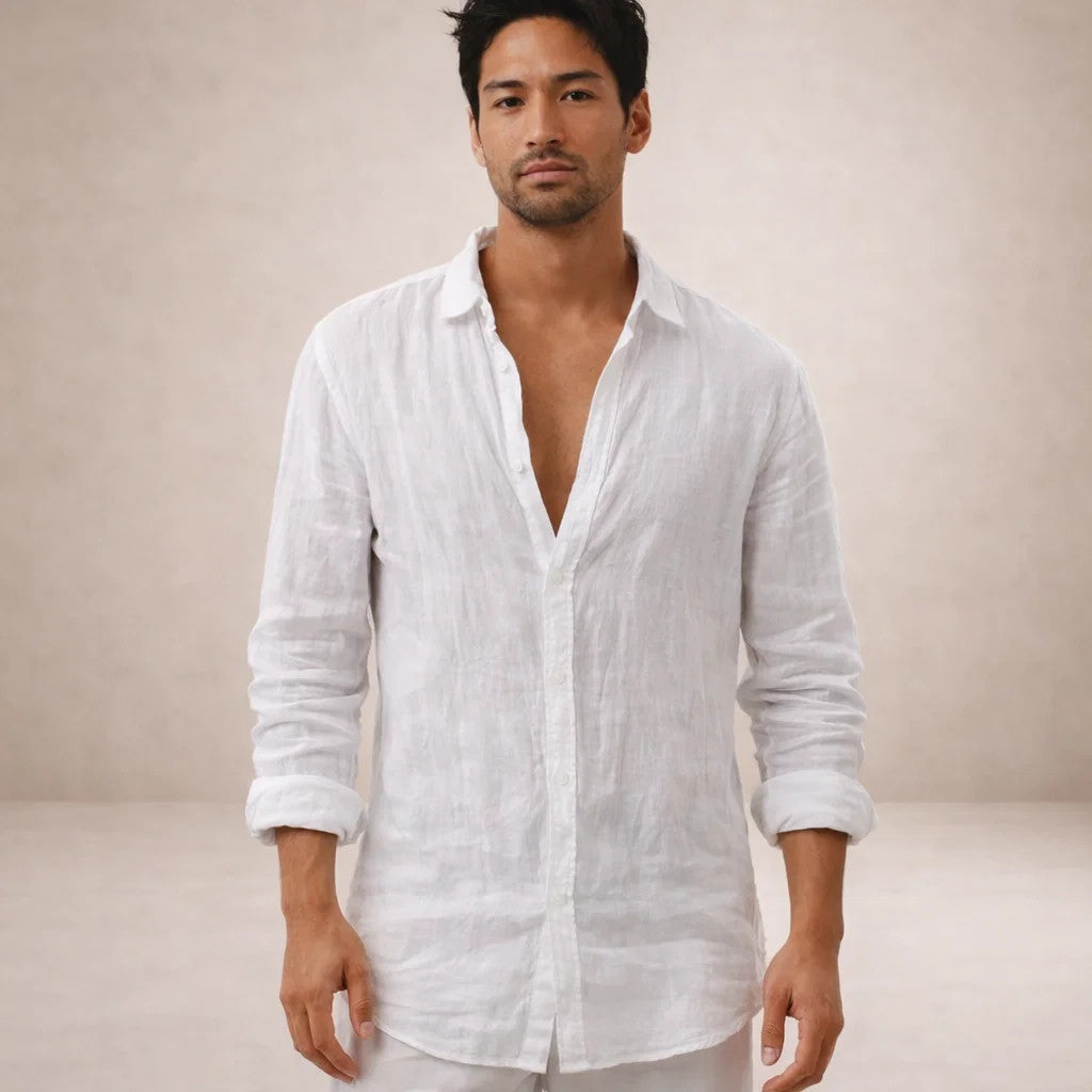 Men's Linen Shirt with Open Collar, Long Sleeve