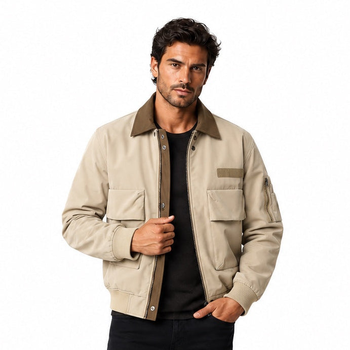 Men's Utility Bomber Jacket – Contrast Collar Multi-Pocket Style