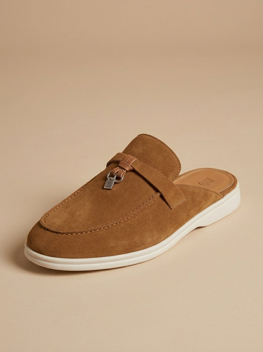 Men's Suede Mule Loafers with Metal Bar Detail