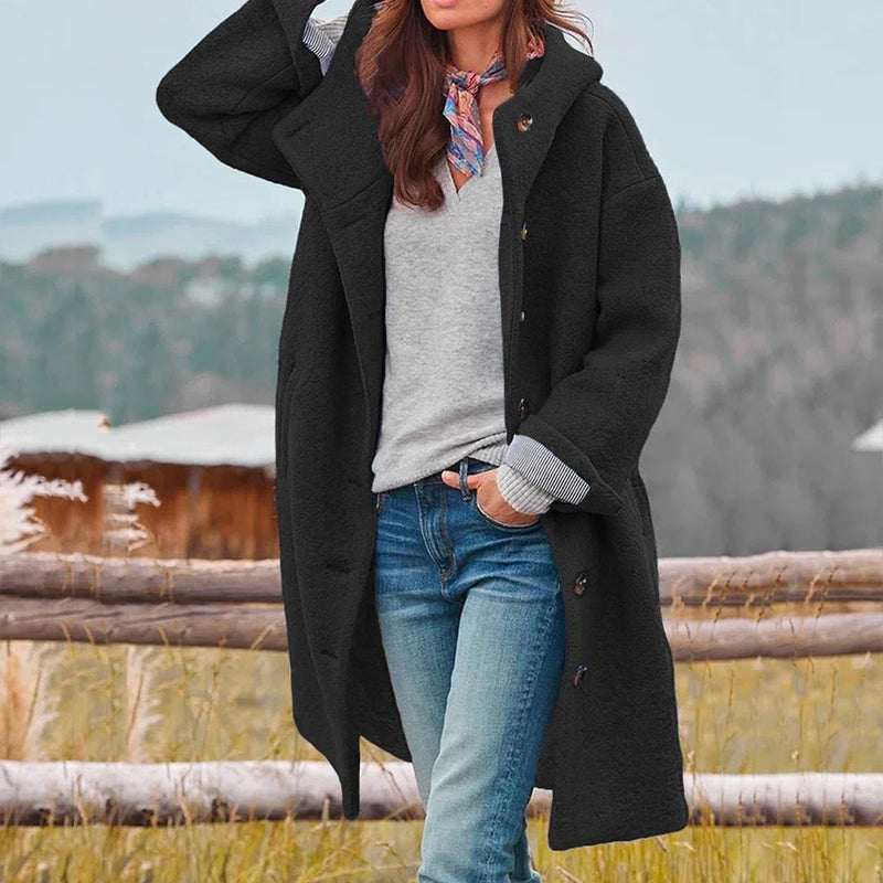 Women's Hooded Winter Coat - Relaxed Button-Front Style
